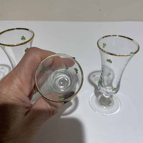 Vintage Ireland Barware Footed Shot Glasses Green Shamrocks Gold Rim Set of 4 - Picture 5 of 8